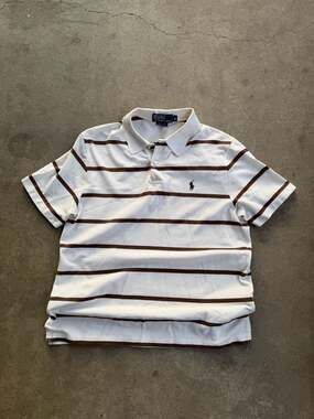 Vintage Polo by Ralph Lauren Men's White and Brown Horizontal Striped Pima Cotto